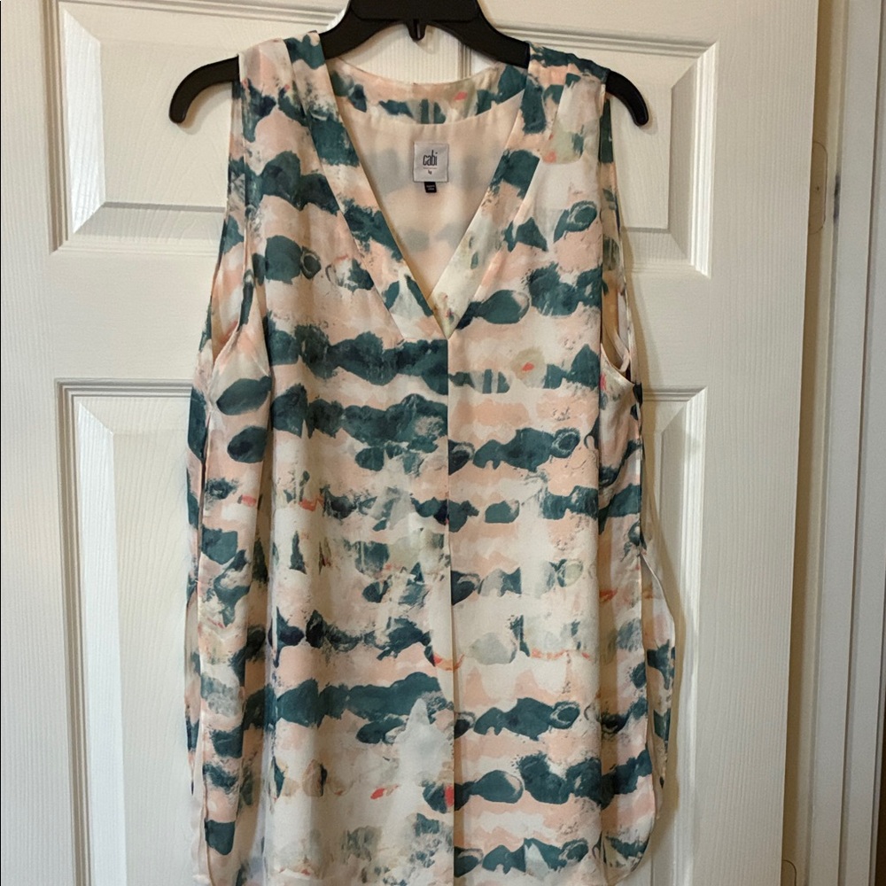 CAbi Teal and Cream Patterned Blouse